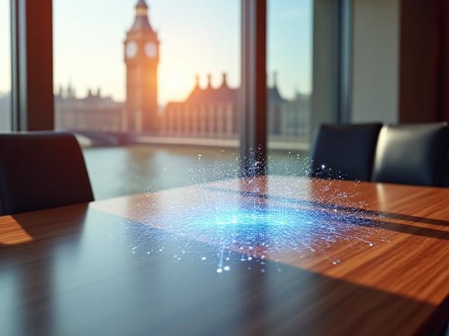 Executive office setting with AI graphics overlay